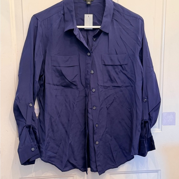 Ann Taylor Navy Blue Blouse 100% Silk - Picture 2 of 7